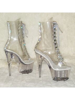 Clear High Heel Ankle Boots With Rhinestone Trim 1021c-2